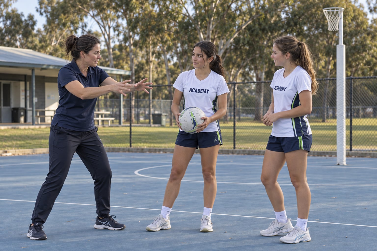 A coach demonstrates passing technique to two Academy players