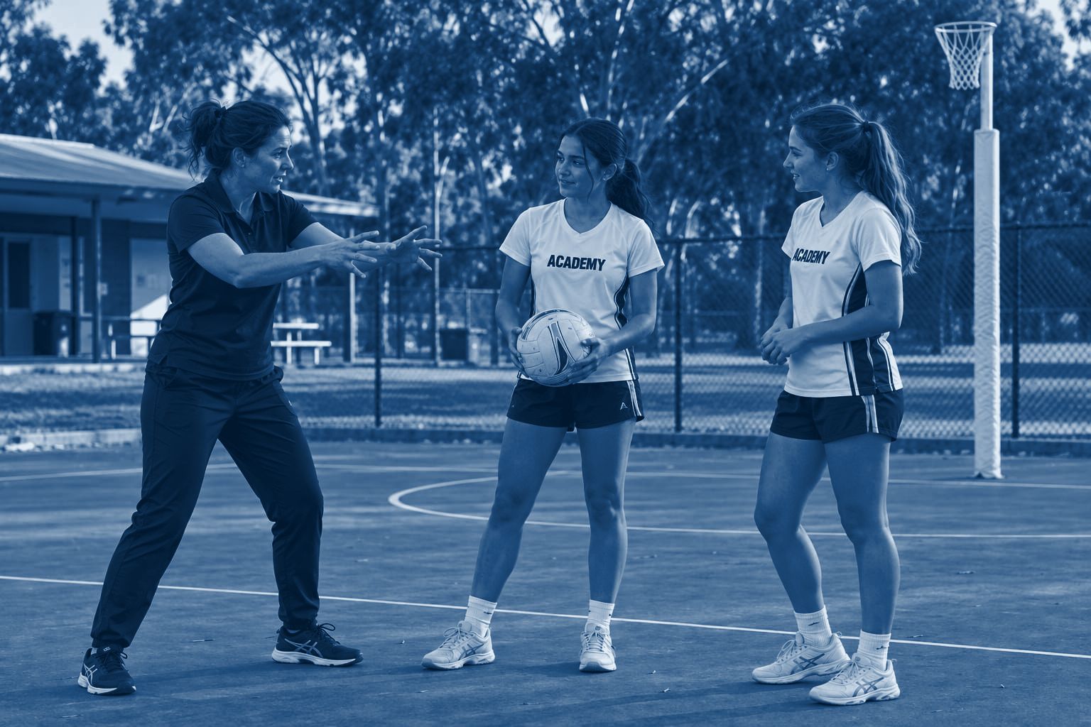 Two Academy players listen as their coach explains a passing technique