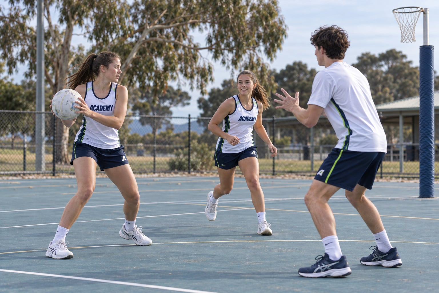 Three Academy players practise a passing drill on a tree-lined outdoor netball court