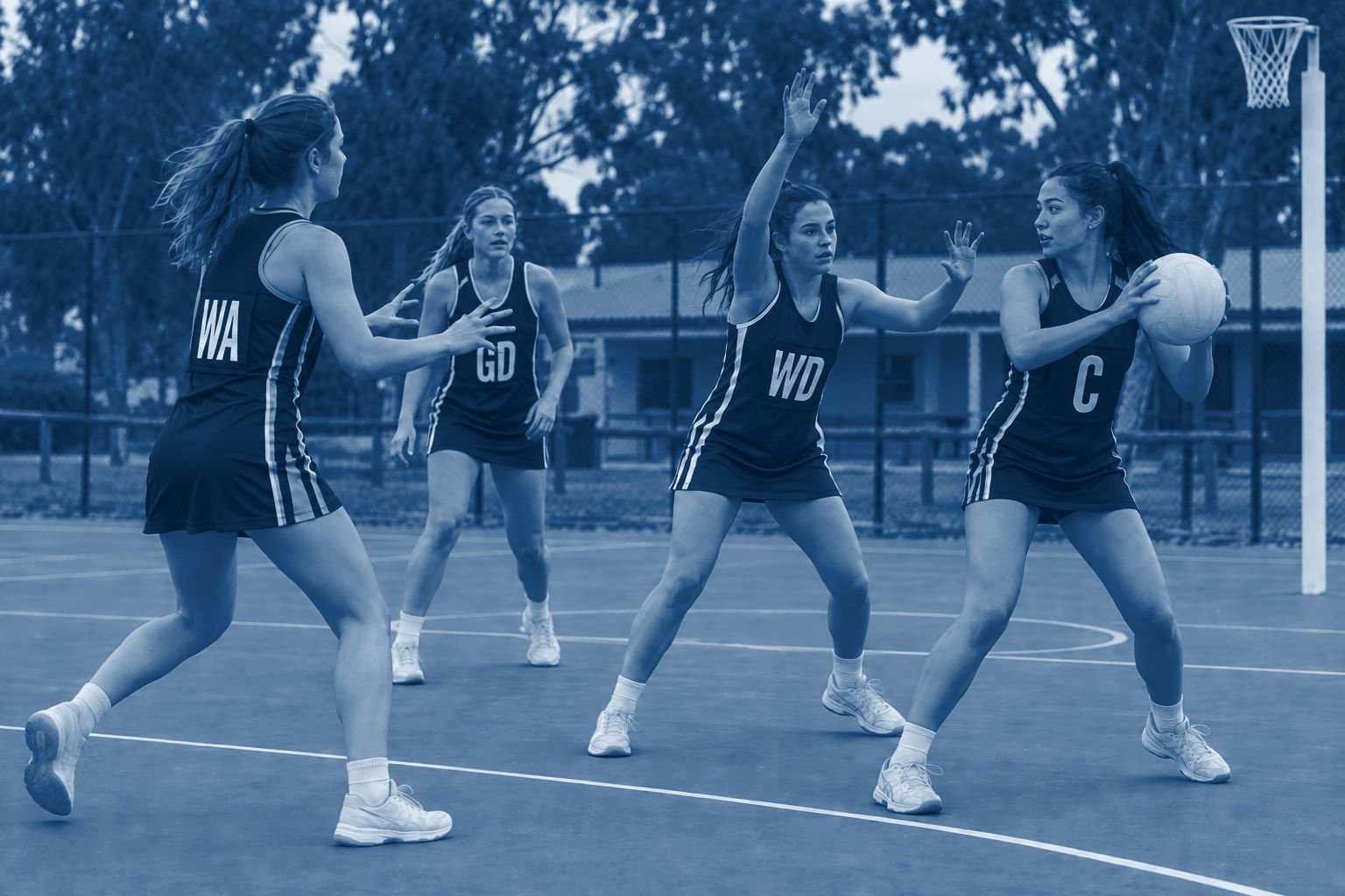 Coastal United players in navy contest a pass against a fictional maroon team